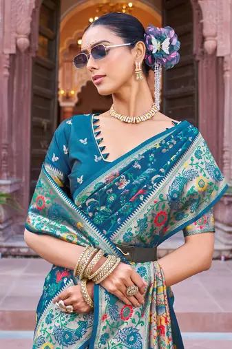 Teal Soft Silk blend Banarasi Saree With Blouse