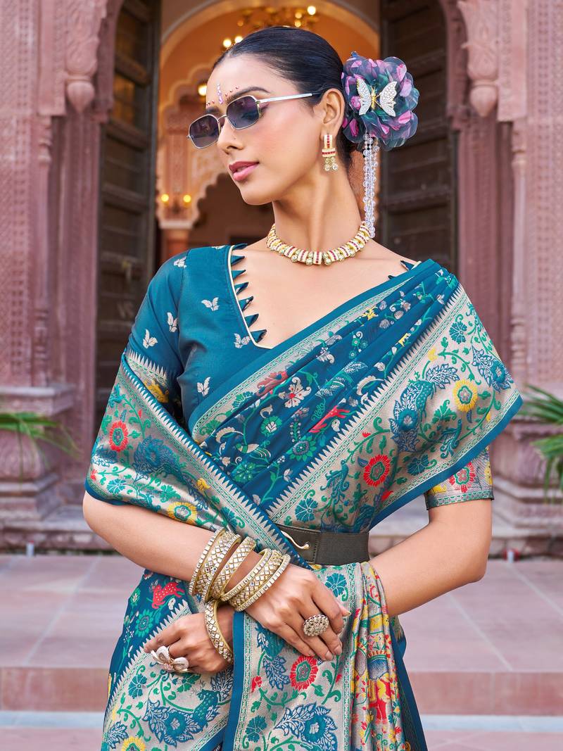 Teal Soft Silk blend Banarasi Saree With Blouse