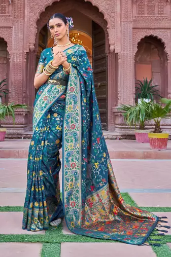 Teal Soft Silk blend Banarasi Saree With Blouse