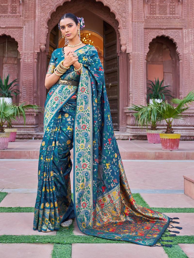 Teal Soft Silk blend Banarasi Saree With Blouse