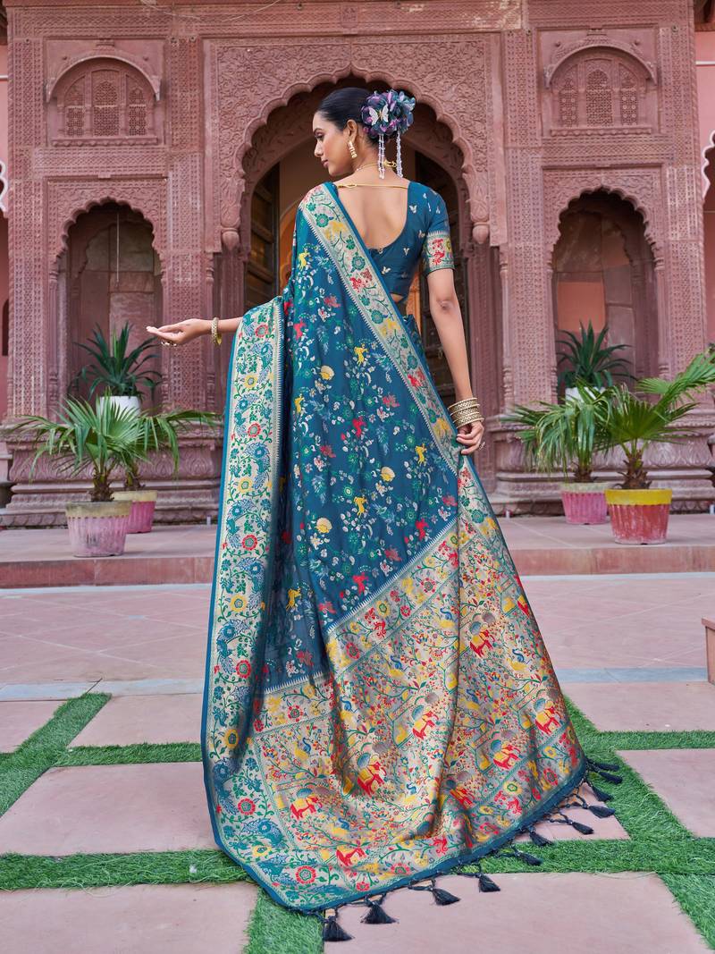 Teal Soft Silk blend Banarasi Saree With Blouse
