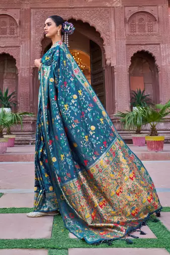 Teal Soft Silk blend Banarasi Saree With Blouse
