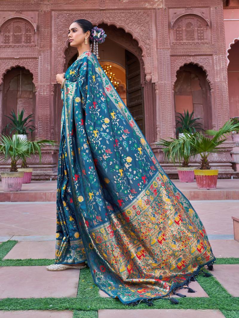Teal Soft Silk blend Banarasi Saree With Blouse