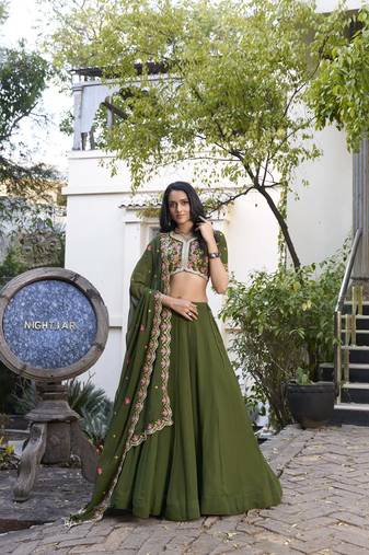mehendi Georgette Plain Sequins and Thread Embroidery Work Lehenga Choli