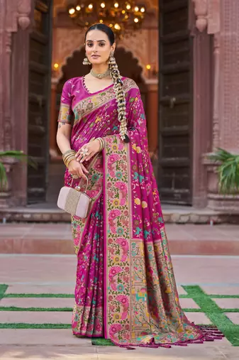 Rani Pink Soft Silk blend Banarasi Saree With Blouse