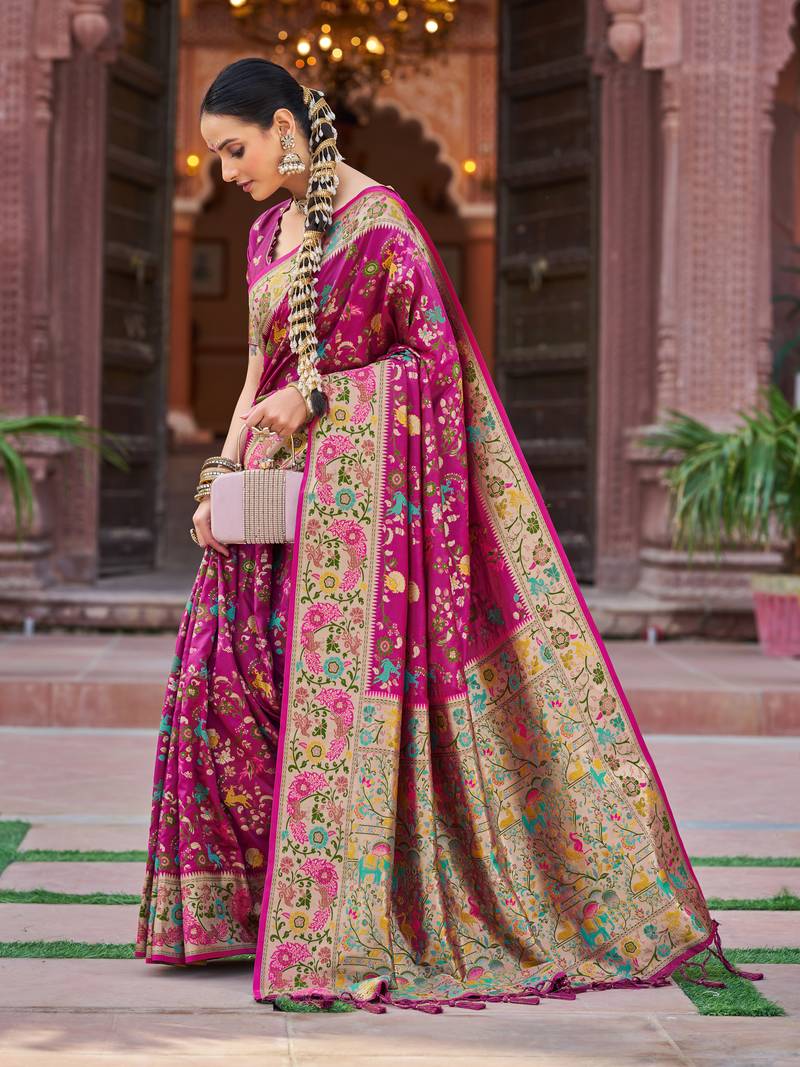 Rani Pink Soft Silk blend Banarasi Saree With Blouse