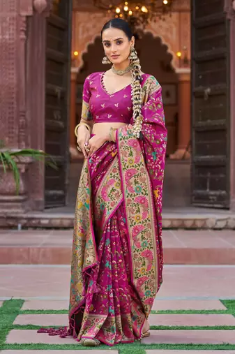 Rani Pink Soft Silk blend Banarasi Saree With Blouse