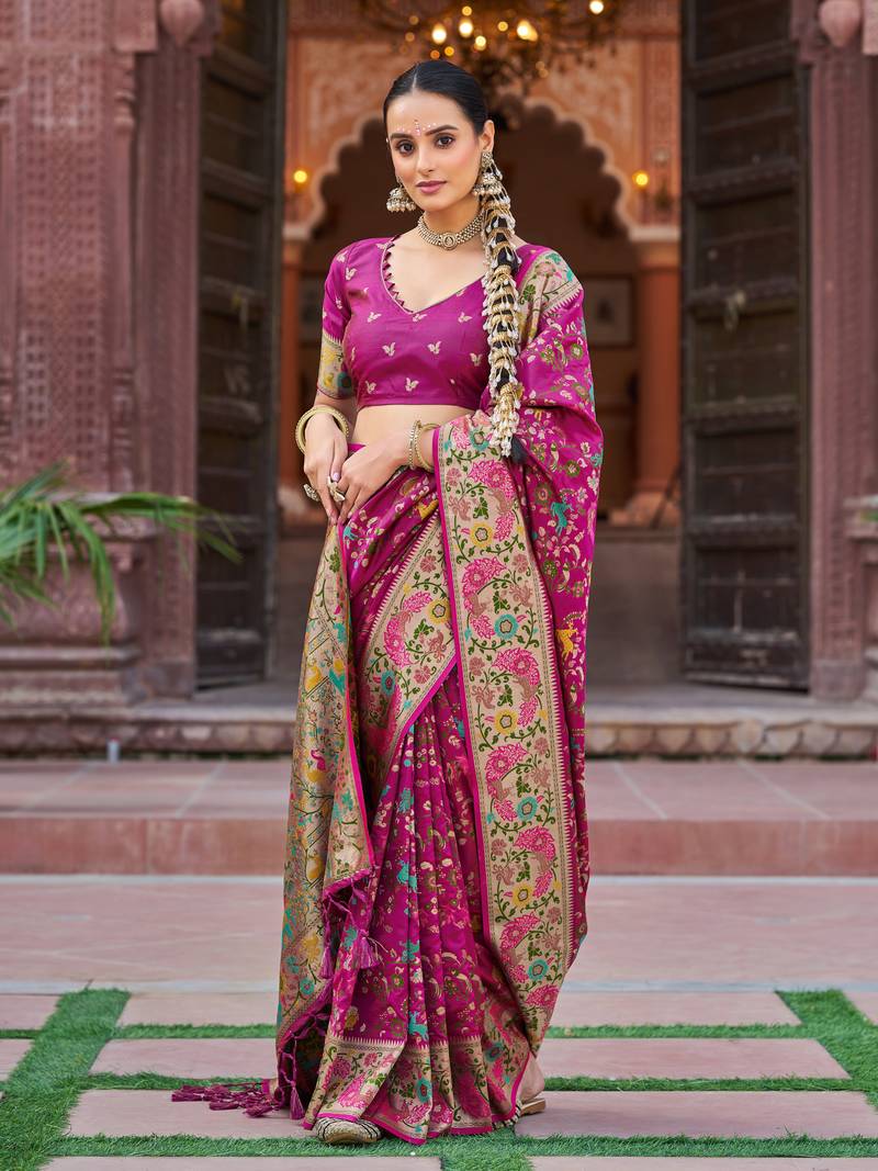 Rani Pink Soft Silk blend Banarasi Saree With Blouse