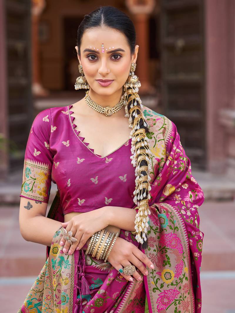 Rani Pink Soft Silk blend Banarasi Saree With Blouse