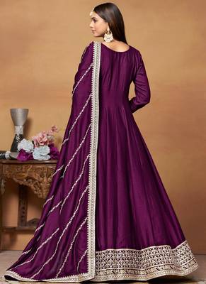 Magenta embroidery art silk anarkali suit 2