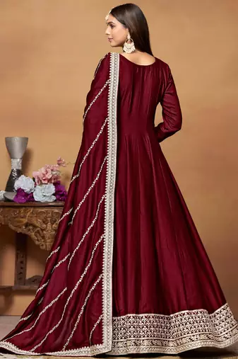 Red embroidery art silk anarkali suit