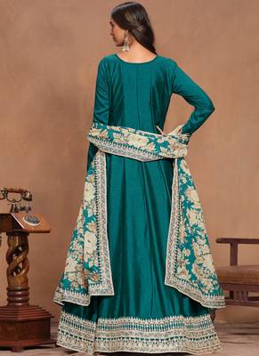 Teal blue embroidery art silk anarkali suit 2
