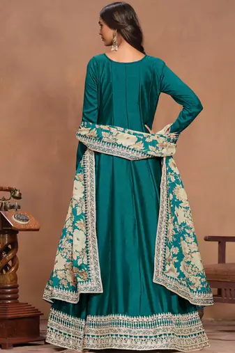 Teal blue embroidery art silk anarkali suit