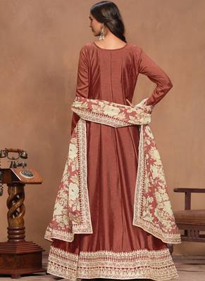 Brown embroidery art silk anarkali suit 2