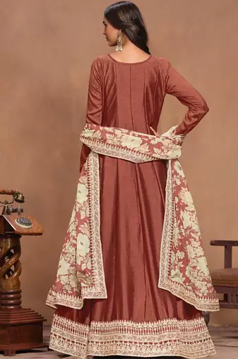 Brown embroidery art silk anarkali suit