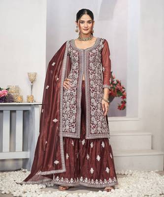 Brown dori with sequince embroidery twill net festive palazzo straight pakistani salwar suit dupatta semi stitched 1