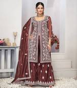 Brown dori with sequince embroidery twill net festive palazzo straight pakistani salwar suit dupatta semi stitched