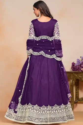 Purple embroidery net anarkali suit