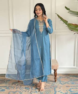 blue Embroidered Kurta Set with Dupatta 1