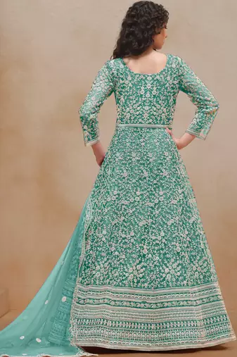 Sea green embroidery net anarkali suit
