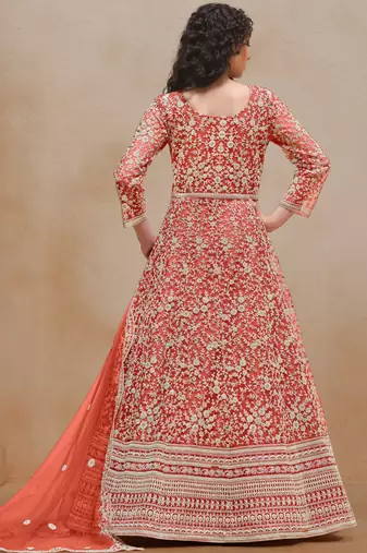 Orange embroidery net anarkali suit