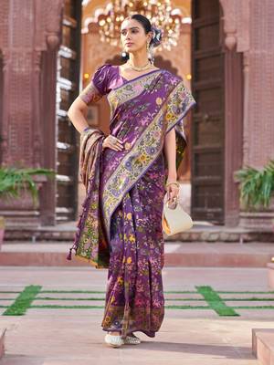 Purple Dola silk Soft Zari Border Paithani Style Multi Threads saree With Blouse 1