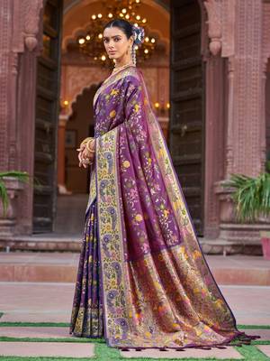 Purple Dola silk Soft Zari Border Paithani Style Multi Threads saree With Blouse 3