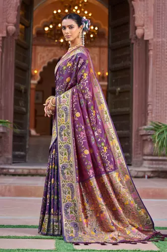 Purple Dola silk Soft Zari Border Paithani Style Multi Threads saree With Blouse