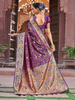 Purple Dola silk Soft Zari Border Paithani Style Multi Threads saree With Blouse 4