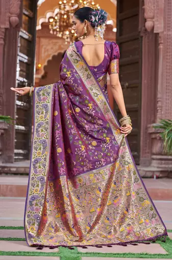 Purple Dola silk Soft Zari Border Paithani Style Multi Threads saree With Blouse