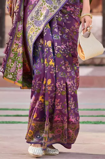 Purple Dola silk Soft Zari Border Paithani Style Multi Threads saree With Blouse