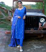 Heer royal blue hand embroidered silk kurta pant with hand painted dupatta