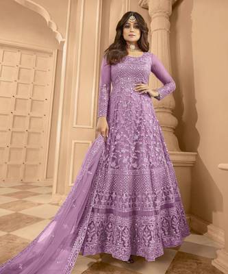 Lavender Net Anarkali Suit with Sequin and Thread Embroidery 1