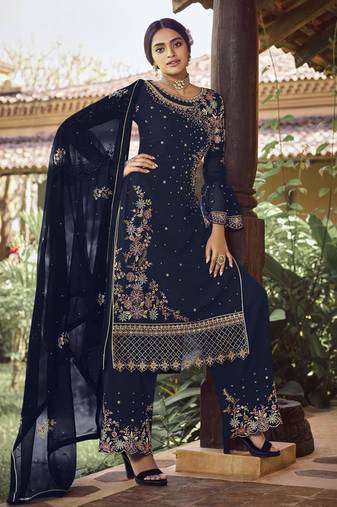 Blue georgette sequince embroidered work festival long straight salwar suit dupatta semi stitched