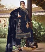 Blue georgette sequince embroidered work festival long straight salwar suit dupatta semi stitched