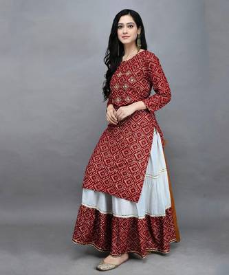 Traditional rayon fabric bandhej printed kurta with skirt 1