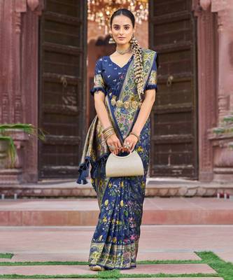 Blue Dola silk Soft Zari Border Paithani Style Multi Threads saree With Blouse 1