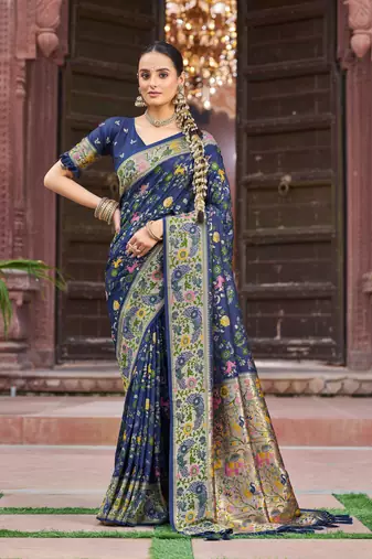 Blue Dola silk Soft Zari Border Paithani Style Multi Threads saree With Blouse