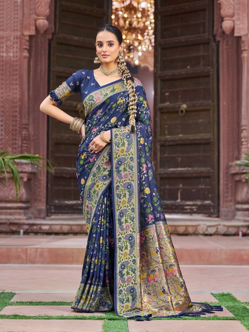 Blue Dola silk Soft Zari Border Paithani Style Multi Threads saree With Blouse