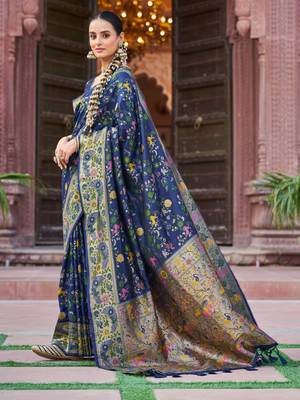 Blue Dola silk Soft Zari Border Paithani Style Multi Threads saree With Blouse 3