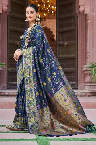 Blue Dola silk Soft Zari Border Paithani Style Multi Threads saree With Blouse