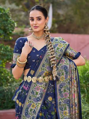Blue Dola silk Soft Zari Border Paithani Style Multi Threads saree With Blouse 4