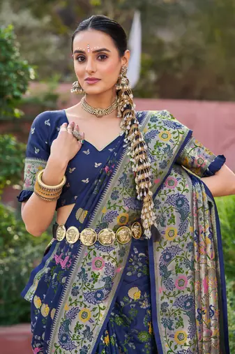 Blue Dola silk Soft Zari Border Paithani Style Multi Threads saree With Blouse