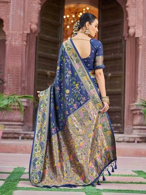 Blue Dola silk Soft Zari Border Paithani Style Multi Threads saree With Blouse 5