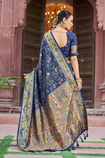 Blue Dola silk Soft Zari Border Paithani Style Multi Threads saree With Blouse
