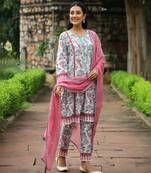 White & purple block printed cotton suit set