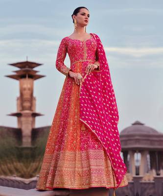 Jiya Georgette Zari Embroidered Hot Pink and Orange Wedding Anarkali Salwar Suit 1