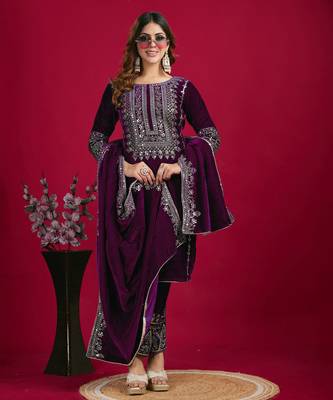 Wine Viscos Velvet Embroidery Work Full Sleeve Fully Stitched Ready To Wear Kurti Set 1