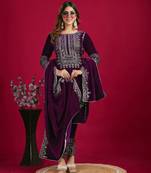 Wine Viscos Velvet Embroidery Work Full Sleeve Fully Stitched Ready To Wear Kurti Set
