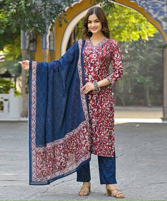 Women maroon rayon blend ethnic motifs printed straight kurta trousers with dupatta 1